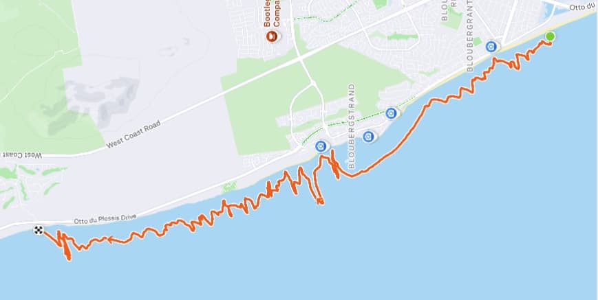 Downwinder route map from Dolphin Beach to Haakgat along the Blouberg coastline