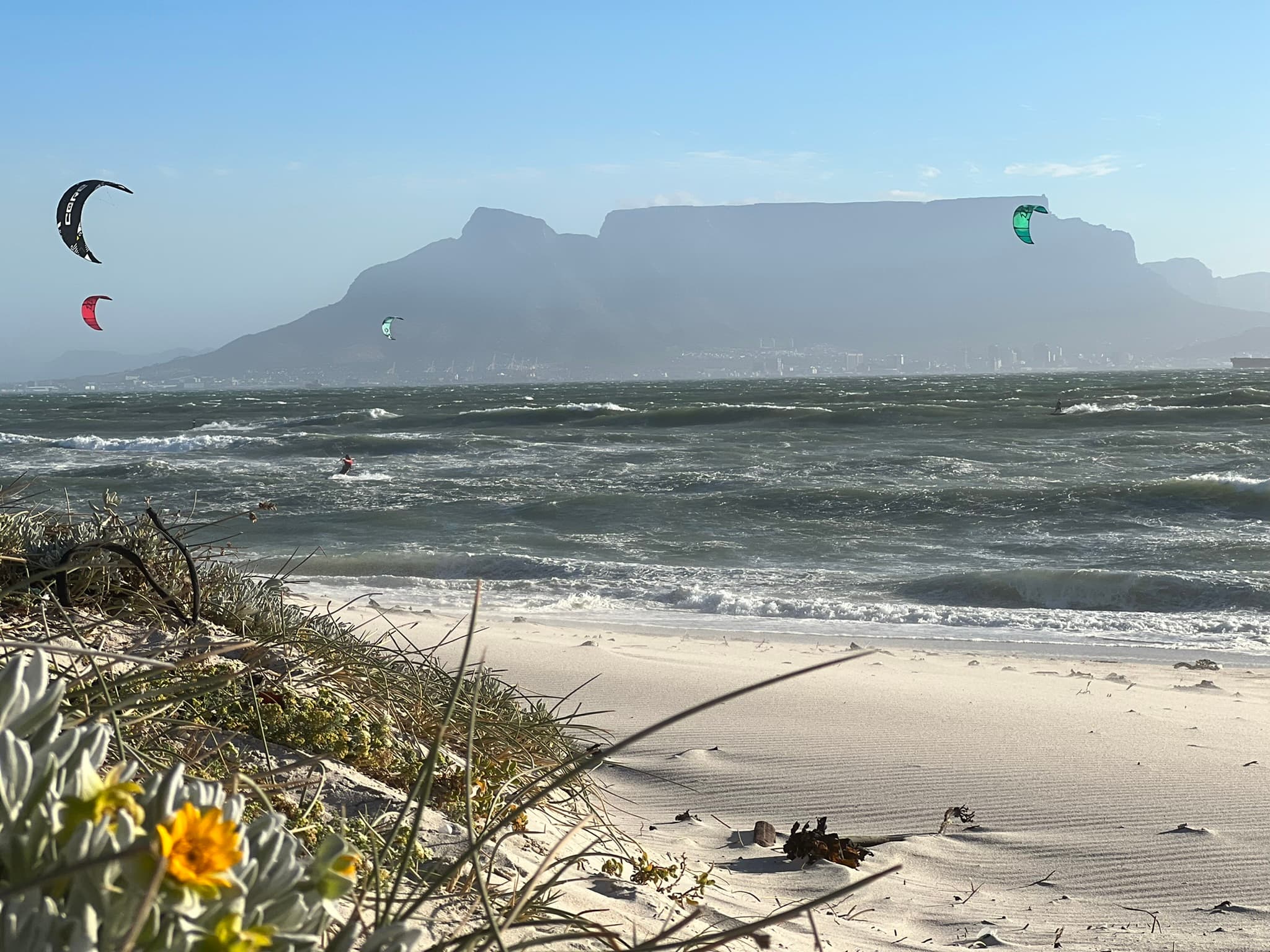 Kitesurfing at Blouberg Beach with Table Mountain